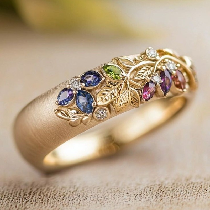 Women's Leaf-Shaped Colored Gemstone Ring
